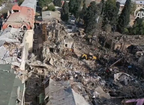 Düşmənin raket hücumuna məruz qalan Gəncənin səmadan çəkilmiş görüntüləri – VİDEO