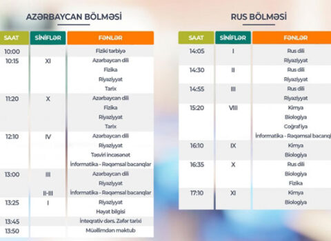 Teledərslərin sabaha olan CƏDVƏLİ