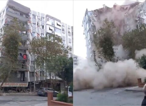 İzmirdə zəlzələdən sonra binanın çökmə anı – VİDEO
