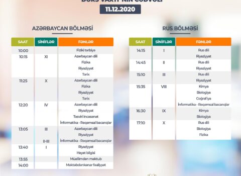 Teledərslərin sabaha olan CƏDVƏLİ