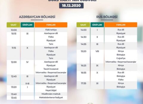 Teledərslərin sabaha olan CƏDVƏLİ