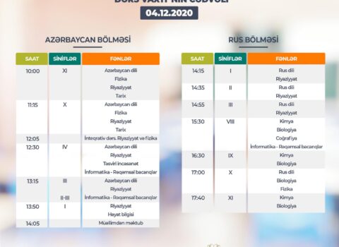 Teledərslərin sabaha olan CƏDVƏLİ