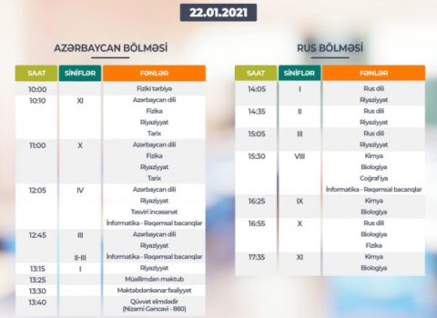 Teledərslərin sabaha olan CƏDVƏLİ