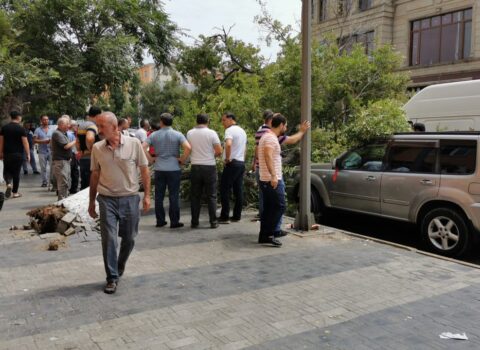 Sumqayıtda kökündən qırılıb aşan ağac ətrafa təhlükə yaratdı – FOTOLAR