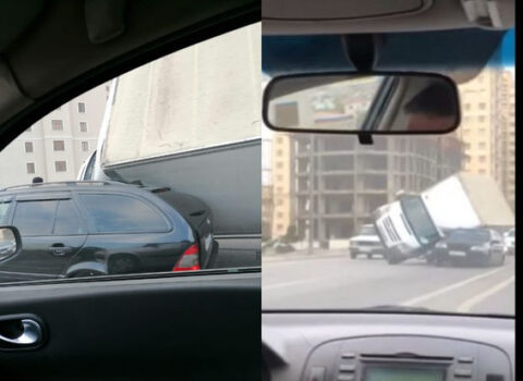 Bakıda güclü külək yük maşınını “Mercedes”in üstünə aşırtdı – VİDEO