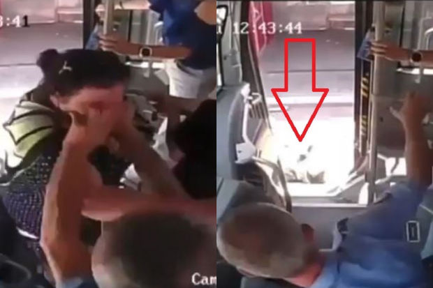 Sumqayıtda sürücü onu təhqir edən qadını təpiklə avtobusdan atdı - VİDEO
