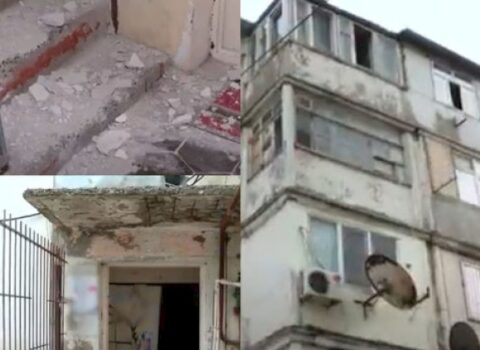 Bakıda beşmərtəbəli binanın daşları tökülür: Təhlükəli vəziyyət yaranıb – VİDEO