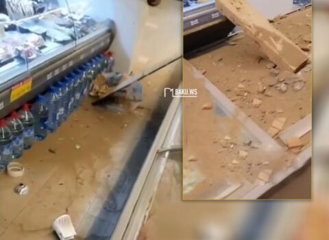 Azərbaycanda baş verən güclü zəlzələdən sonra marketin tavanı uçdu – VİDEO