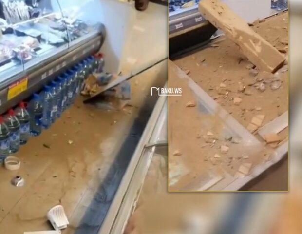 Azərbaycanda baş verən güclü zəlzələdən sonra marketin tavanı uçdu – VİDEO
