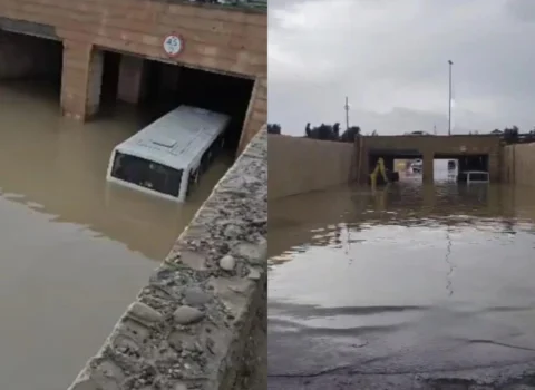 Bakıda sərnişin avtobusu suyun içində qaldı – Sərnişinlər kəndirlə xilas edildi