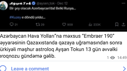 Qəzadan 13 gün əvvəl türk astroloqdan şok paylaşım