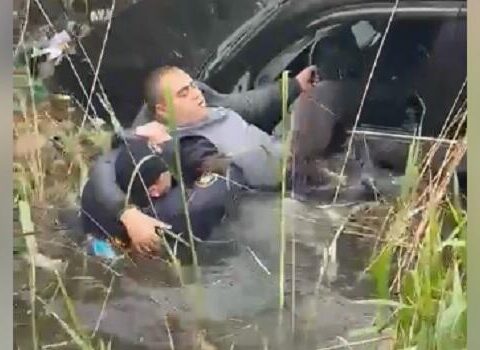 Polis gölə düşən sürücünü qucağına götürdü… – Video