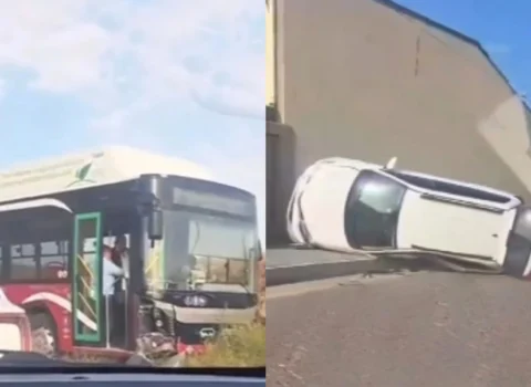 “BakıBus” avtobusu ilə toqquşan maşın aşdı – VİDEO