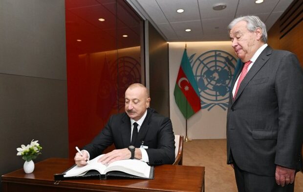 Prezident BMT Baş katibi ilə görüşüb, fəxri qonaqlar kitabını imzaladı — FOTO/VİDEO