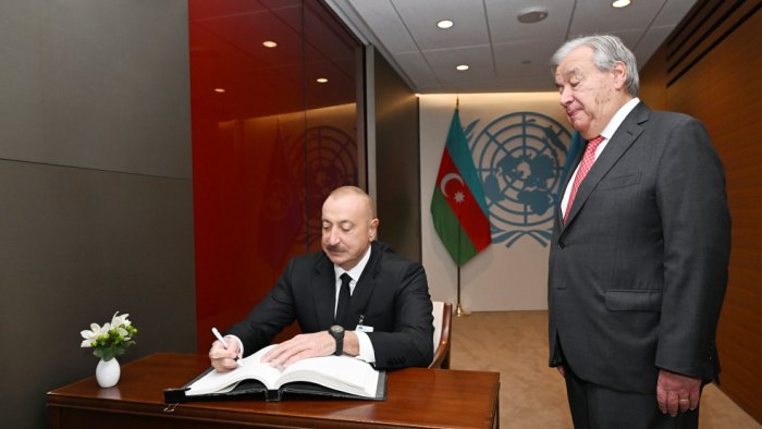 Prezident BMT Baş katibi ilə görüşüb, fəxri qonaqlar kitabını imzaladı — FOTO/VİDEO