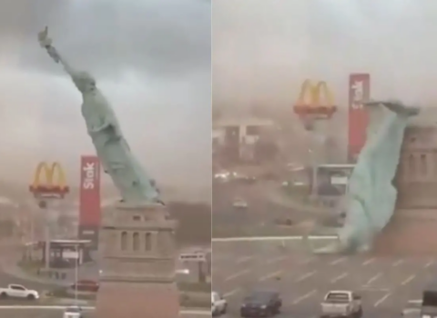 Güclü külək Azadlıq heykəlini aşırtdı – VİDEO